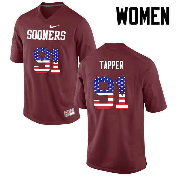 Women Oklahoma Sooners #91 Charles Tapper College Football USA Flag Fashion Jerseys-Crimson - Click Image to Close